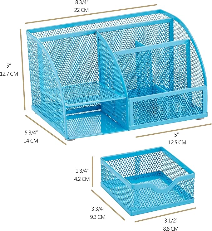 Annova Mesh Desk Organizer Office with 7 Compartments + Drawer/Desk Tidy Candy/Pen Holder/Multifunctional Organizer (Blue)
