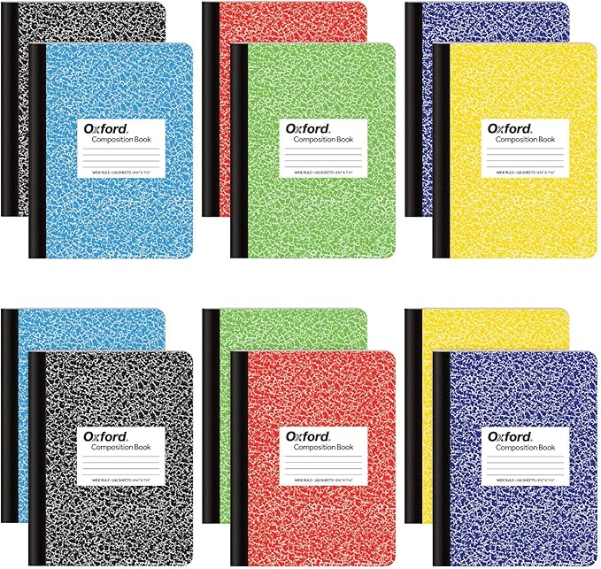 Oxford Composition Notebooks, Wide Ruled Paper, 9-3/4" x 7-1/2", Assorted Marble Covers, 100 Sheets, 12 per Pack, Colors May Vary (63794)