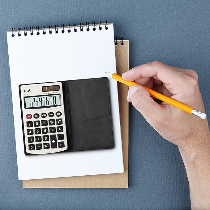 Calculator, Deli Standard Function Basic Calculators, Solar Battery Dual Power Office Calculator with Cover, Metal Panel, 2 Pack