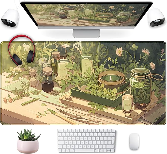 Cute Desk Mat Green Sage Mouse Pad Anime Forest XXL Large Extended Gaming Mousepad Desk Matt for Desktop Computer Pad Mat, Laptop Keyboard Mouse Mat Office Decor Accessories for Women, 31.5x15.7 in