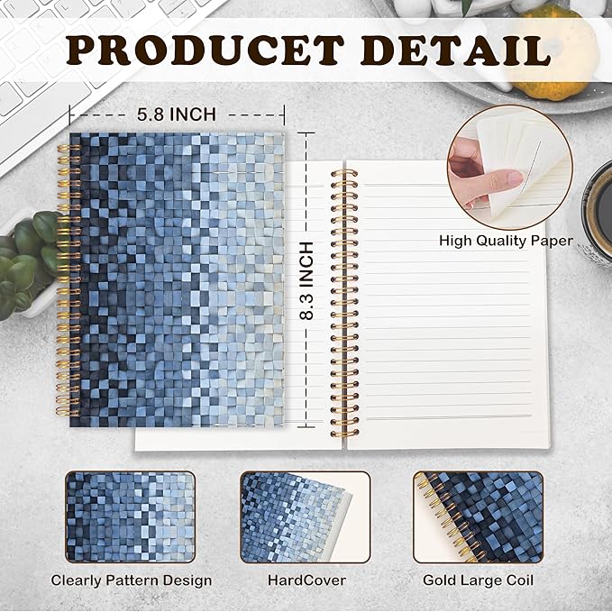URLLUAE Navy Blue and White Checkered Notebook, Blue Grid Journal for Women Men, Abstract Aesthetic Cube Art Spiral Notebook Journals for Work School Office Supplies Gifts, 5.5x8.3 Inch