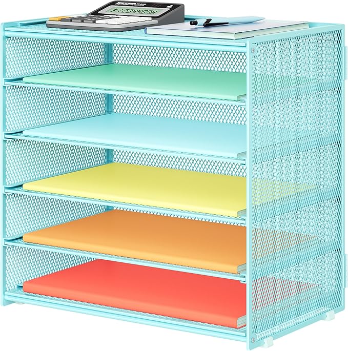 6 Tier Paper Organizer, Metal Mesh Desk File Folder, Letter Tray Organizer, Paper Sorter Desk Organizers for Office, Home or School File Folder Holder - Blue