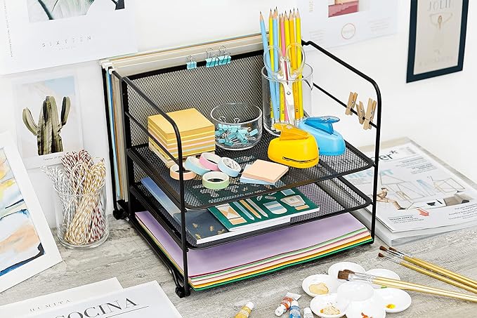 CAXXA 4 Tier Mesh Document Trays with Vertical Upright Section for Hanging File Holders, Mesh Office Supplies Desk Organizer, Black