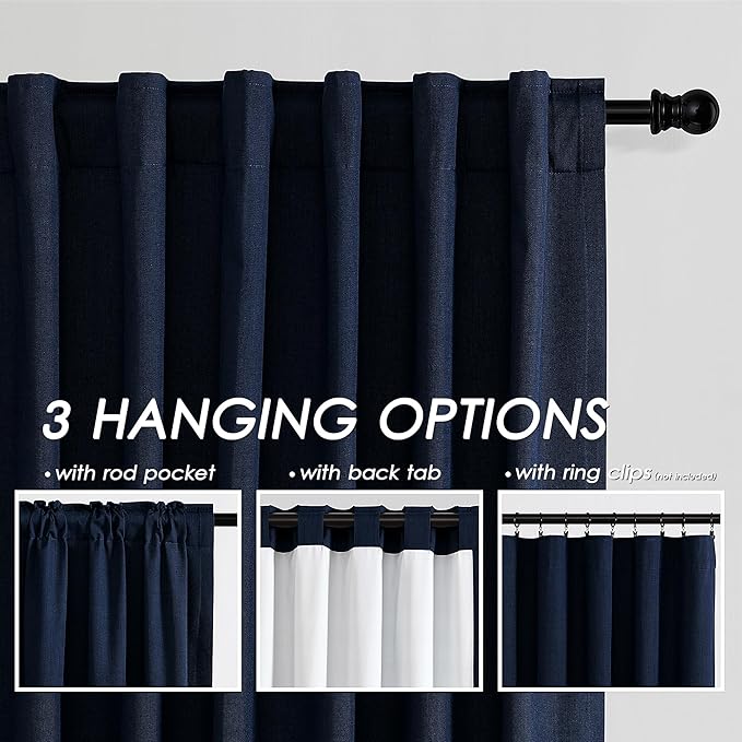 100% Black Out Curtains 108 Inches Long 2 Panels Set for Bedroom Navy Blue Linen Pinch Pleated Thermal Insulated Energy Efficient Blackout Curtains for Living Room High Ceiling Length 108 Inch 9 Ft