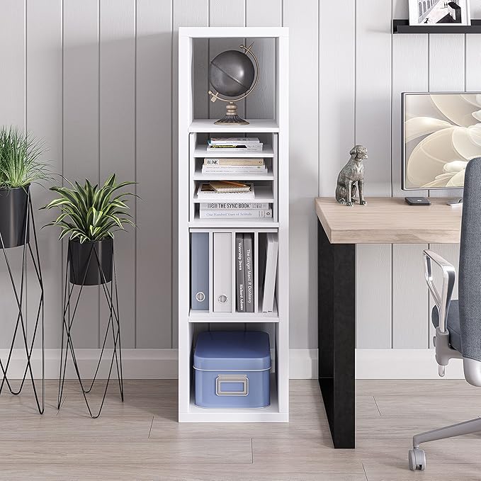 Ballucci 4-Tier Paper Sorter and File Organizer for Desk, Wood Mail Sorter, Fits into IKEA Kalax and ClosetMaid Cube Storage Shelves, Paper Tray, Mail Holder Stand for Classroom, Office, White