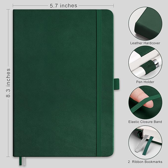 RETTACY Blank Journal Notebook, 192 Pages, A5 Medium Size (5.7'' x 8.3''), Leather Hardcover, 100 GSM Thick Paper, for Sketching, Drawing, Painting (Dark Green)