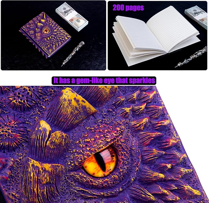 3D Dragon Eye Embossed Journal,Resin Engraving Notebook,Dnd notebook for Dragon Lovers ，Blank Paper,Hardcover Travel Notepad for Writing,Sketchbook,Collection,Gift,Decoration A4 and A5 Size (A5-Purple-Lined-Brooch)