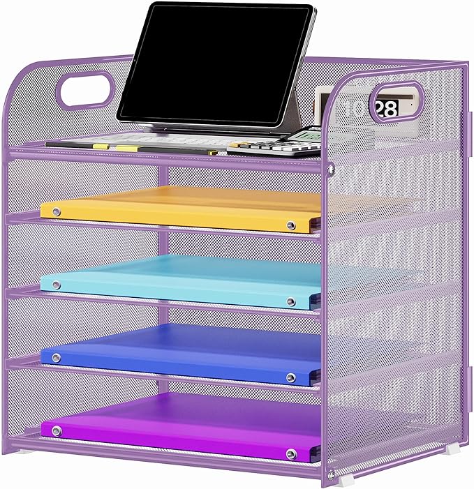 5 Tier Paper Organizer with Handle, Metal Mesh Desk Organizer File Folder Paper Letter Tray Desktop Document Sorter for Classroom, School, Office Accessories Organization and Storage - Purple