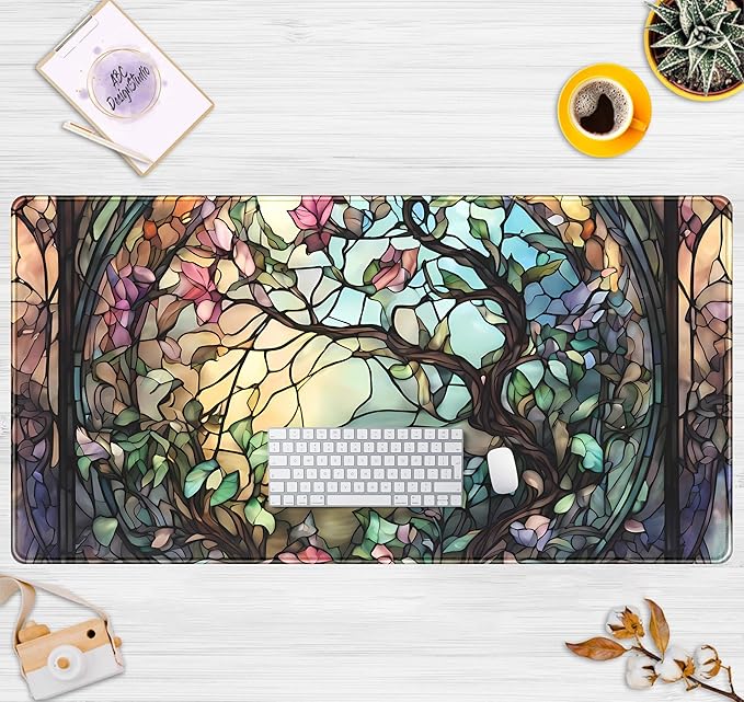 Stained Glass Tree Desk Mat Cartoon Tree Gaming Mouse Pad Large XXL Extended Desk Matt for Desktop, Laptop Computer Keyboard Mouse Mat for Women Office Decor Accessories Deskmat 31.5''x15.7''