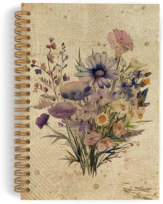 Vintage Purple Floral Spiral Notebook, Flower Journal Notebook, Floral Journal, Boho Botanical Office Supplies Gifts for Women Men, Retro Floral Plant Notebooks for School Work, 5.5x8.3 Inch