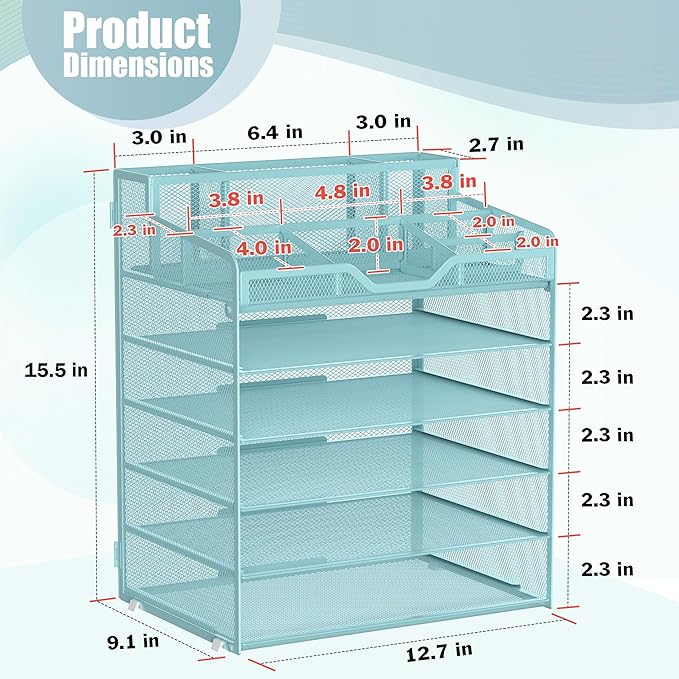 Docnest 6 Tier Mesh Desk Organizer for Paper Office Supplies – Multi-Functional Letter Tray with 5 Adjustable Compartments, 3 Pen Holders, Desktop Storage for Files, Mail, Stationery – Blue