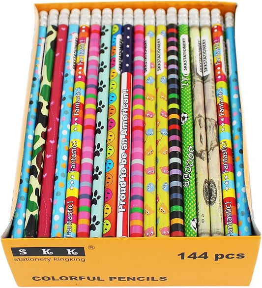 SKKSTATIONERY Assorted Colorful Pencils, Wooden Pencil with Eraser, Pencil Assortment, Novelty Pencils, Awards & Incentives, No.2 HB, Back to school, 12 Assorted Colors 144/box.