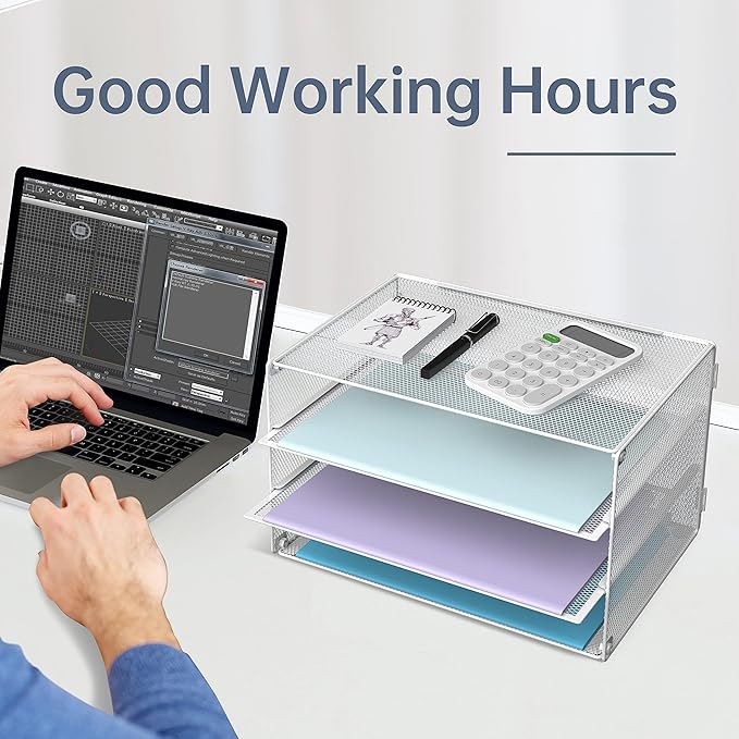 DALTACK 3 Tier Letter Tray Paper Organizer Mesh Metal Desk File Organizer for Home & Office, White 2 Pack