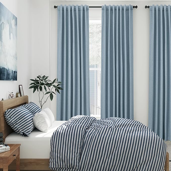 Blue Linen Blackout Curtains 120 Inch Length 2 Panels Set Extra Long 10 Ft Back Tab Pocket Drapes Thermal Insulated Total Blocking Curtains for Dining Room Cottage High Window Curtain 52x120 Inch