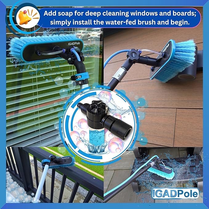 IGADPole 17 FT Water-Fed Cleaning Kit – Extendable Telescopic Pole with Soap-Dispenser, Brush & Cobweb Duster, Adjustable 5-17 FT Handle for Safe High Window, Gutter, Solar Panel & Exterior Cleaning