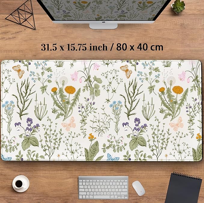 Cute Flowers Desk Mat Pressed Dried Floral Mouse Pad Neutral Beige Sage Green XXL Large Extended Gaming Mousepad Deskmat 31.5x15.75 in, Laptop Keyboard and Mouse Mat for Women Office Gamer Girl