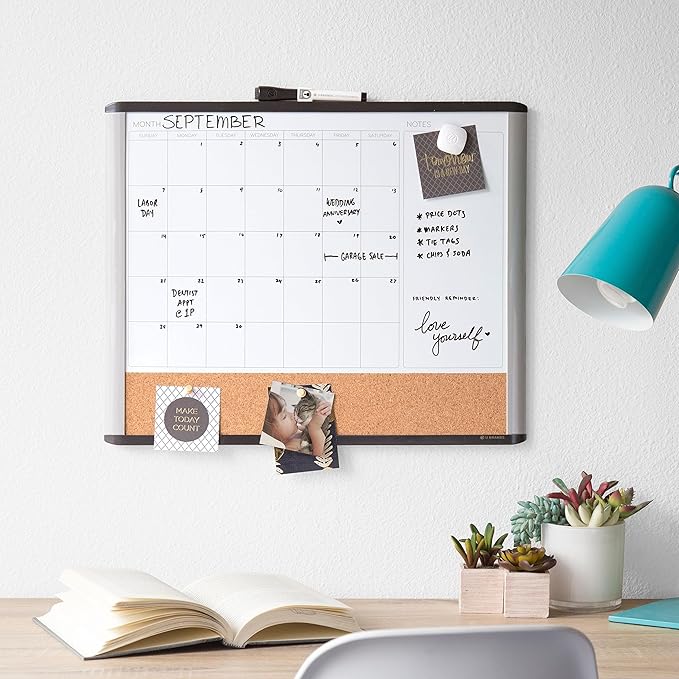 U Brands 3-in-1 Magnetic Dry Erase Calendar White Board, Black and Gray Frame, Magnet and Marker Included, 16" x 20" (6712U00-01)