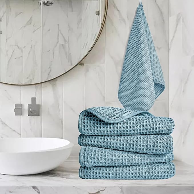 POLYTE Microfiber Lint Free Hand Towel, 16 x 30 in, 4 Pack (Green, Waffle Weave)
