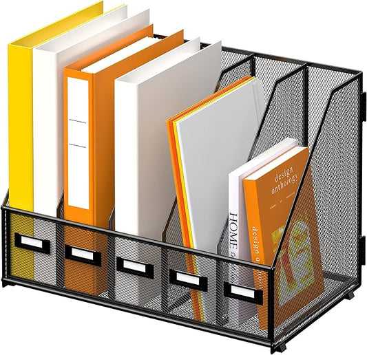 DALTACK Desk Organizers Metal Magazine File Holder with 5 Vertical Compartments Folder Storage Binder Organizer for Office Home School Organization, Black