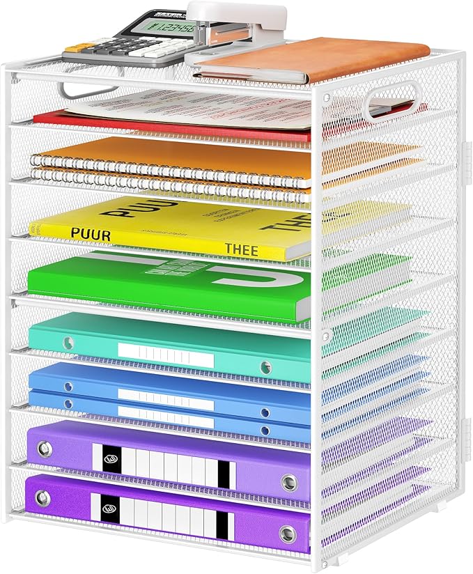 9 Tier Paper Organizer with Handle, Large Capacity Desk Organizer Mesh File Folder Letter Paper Tray Desktop Document Sorter for Classroom, School, and Office Accessories Organization- White