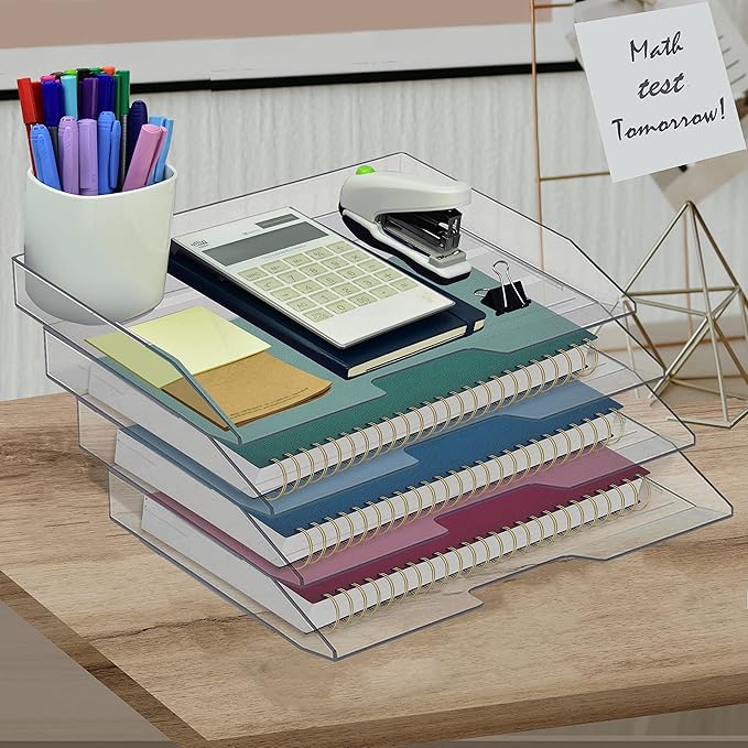 Acrimet Stackable Letter Tray 4 Tier Side Load, Plastic, Desktop File Organizer (Clear Crystal Color)