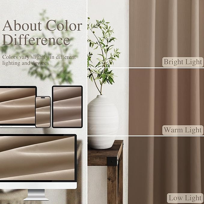 Nanspring Tan 100% Blackout Curtains 63 inches Long for Bedroom Boho Farmhouse Back Tab Rod Pocket Thermal Insulated Textured Short Room Darkening Curtains 2 Panels Set 52x63 Inches