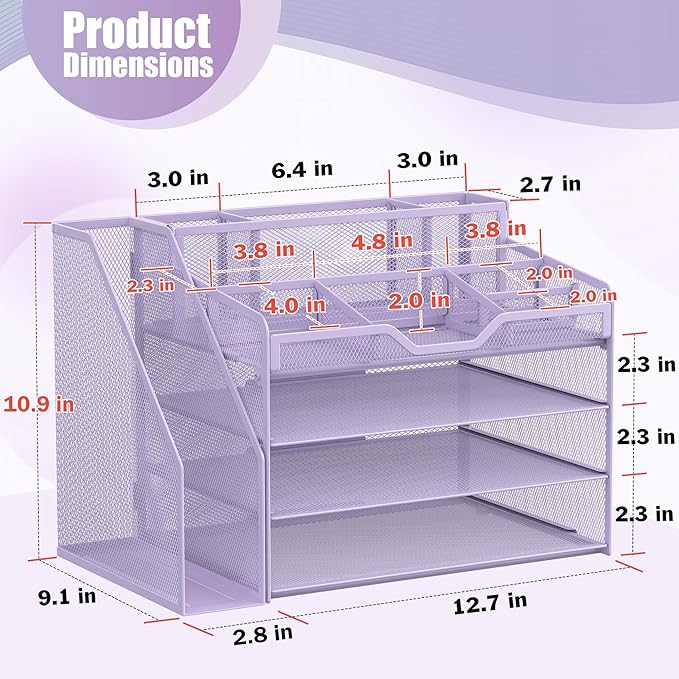 Docnest 4 Tier Mesh Desk Organizer with File Holder – Multi-Functional Paper Letter Tray with 5 Adjustable Compartments, 3 Pen Holders, Desktop Storage for Files, Mail, Stationery – Purple