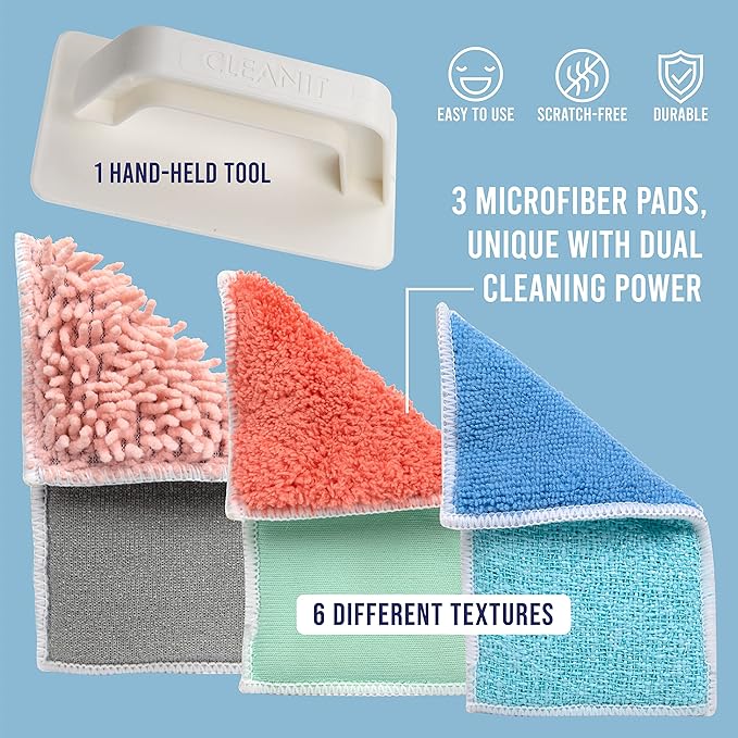 Don Aslett’s Scrub & Switch Combo Set | Dual-Sided Scrub, Clean, and Polish Sponges Included | Handheld Tool for Extra Scrubbing Power | Reusable and Machine Washable | 2-Pack