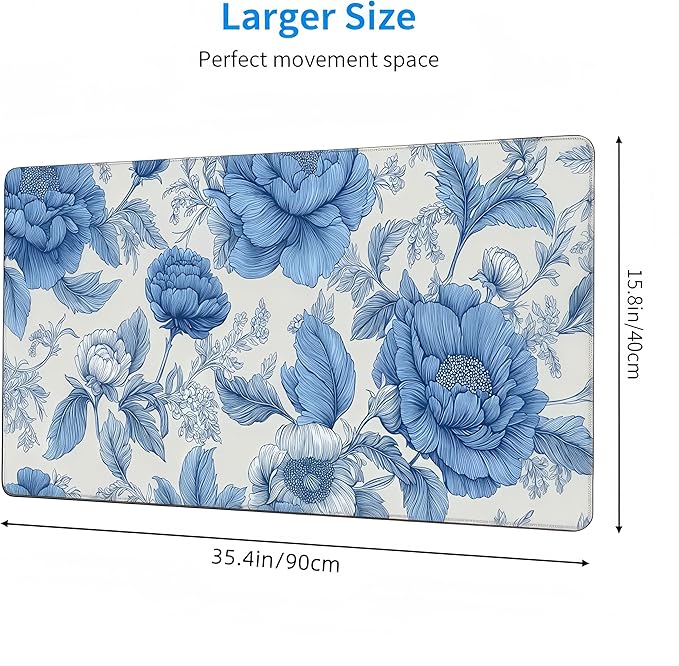 Blue Chinoiserie Mouse Pad,Blue and White Floral Desk Mat, XXL Large Floral Preppy Trendy Mouse Pad,Girly Gaming Mousepad,Girly Laptop Desk Mat for Dorm Home Office, 35.4 x 15.8 inches