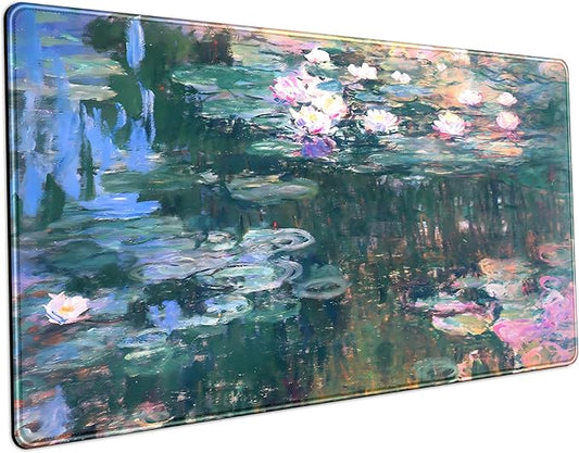 Abstract Oil Painting Mousepad Retro Water Lilies Desk Mat, XXL Large Extended Mouse Pad Gaming, Computer Laptop Keyboard and Mouse Mat, Floral Desk Pad with Stitched Edge, 31.5''x15.7''
