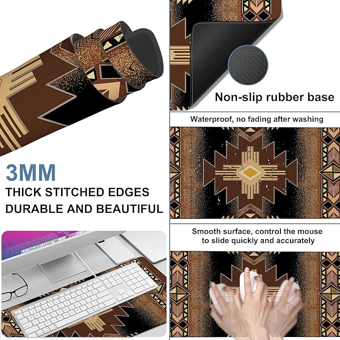 Large Mouse Pad Aztec Pattern Gaming Desk Pad Computer Keyboard Non-Slip Waterproof Mouse Mat with Rubber Base and Stitched Edges Entertainment Office Writing Desk Mat 35.4 x 15.7 Inches
