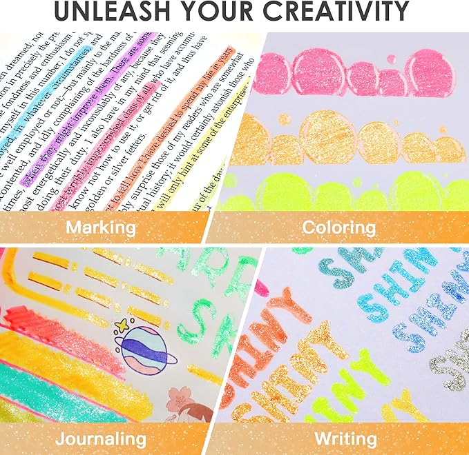 Glitter Highlighters,8Pack Metallic Colors Chisel Tip,Aesthetic Cute Highlighters Assorted Colors for School, Cute Markers for Journaling Planners Books Notes