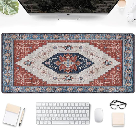 Gaming Mouse Pad, Vintage Retro Boho Rug Large Desk Mat for Keyboard and Mouse,Non-Slip Rubber Base and Stitched Edges Desk Pad for Home Office 35.4x15.7in