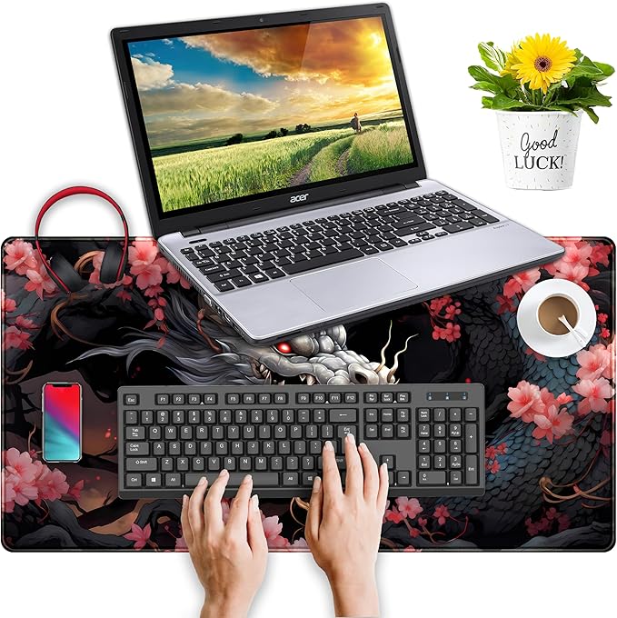 Cute Sakura Dragon Gaming Mouse Pad Kawaii XXL Large Extended Anime Desk Mat, Non-Slip Rubber Base Mousepad, Office Decor Desk Pad, Cool Keyboard and Mouse Mat with Stitched Edges, 31.5x15.75 in