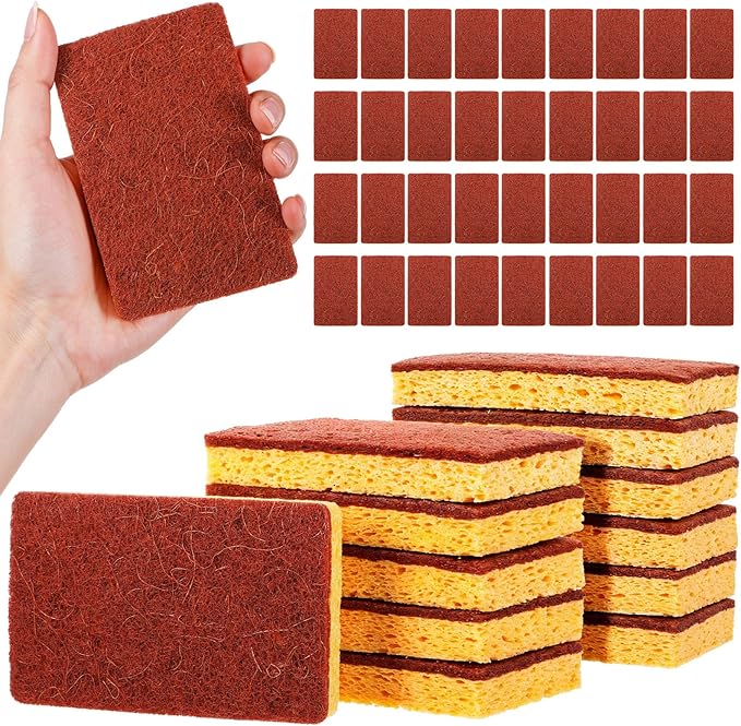 48 Pack Natural Plant Based Scrub Sponge, Palm Fiber Scrubbing Sponge with Non Scratch Compostable Sponges,Long Lasting No Smell Dishwashing Kitchen Scrubber