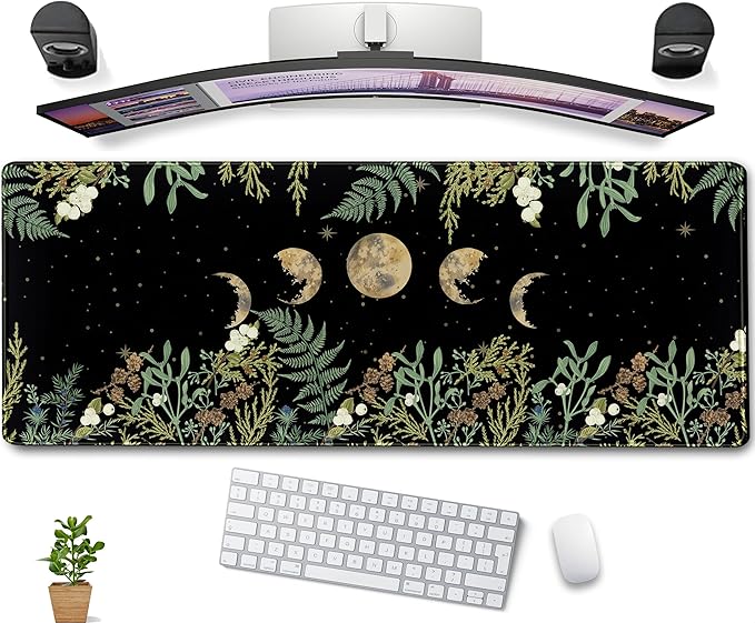 Green Tropical Leaves Desk Mat Black Mouse Pad Cute Anime Moon Deskmat, Women Office Decor Computer Laptop Keyboard Mouse Mat, XL Large Gaming Mousepad Desk Pad with Stitched Edge 31.5''x11.8''