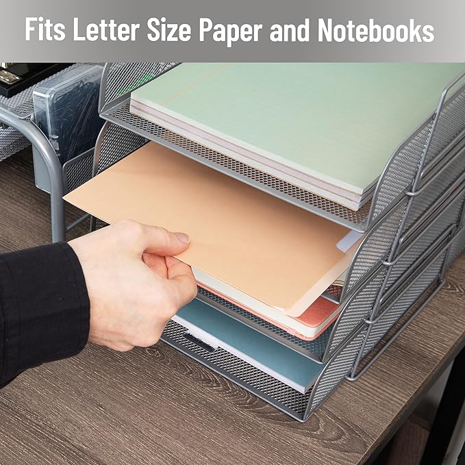 Mind Reader Stackable Paper Tray, Desktop Organizer, File Storage, Office, Metal Mesh, 10.5" L x 13.5" W x 11.25" H, 4 Pcs., Silver