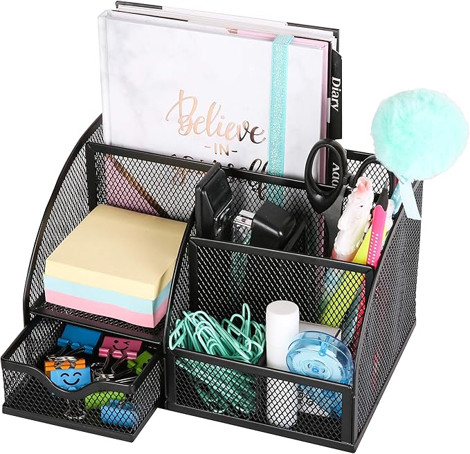 Exerz Desk Organizer Black Office Desk Accessories Supplies Office Storage Desktop Pencil Pen Holder with Drawer Home Workspace