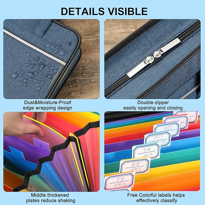 SEEKIND Accordian File Organizer with Handle,26 Pockets Expanding File Folder, Portable Cloth Document Organizer Accordion File Keeper for Letter Size / A4 File, for Office, School-Teal