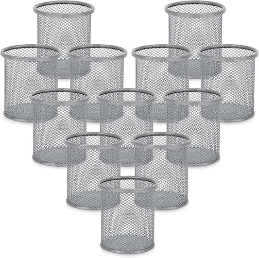 Segarty Pen Cup Holder for Desk, 12 Pack Round Silver Pen Holder, Wire Mesh Pencil Cups Containers Marker Organizer Set for Office Supplies, School, Desktop Accessories, Makeup Brush