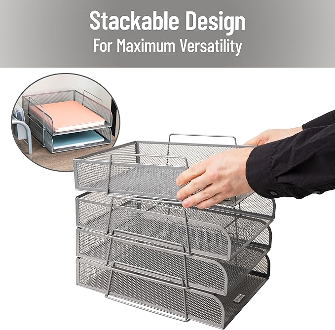 Mind Reader Stackable Paper Tray, Desktop Organizer, File Storage, Office, Metal Mesh, 10.5" L x 13.5" W x 11.25" H, 4 Pcs., Silver