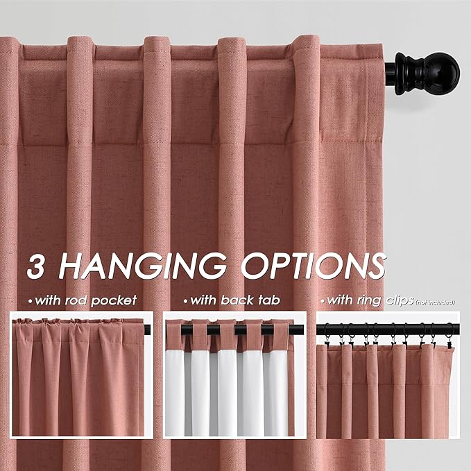 100% Blackout Linen Curtains 108 Inch Length 2 Panels Canyon Rose Drapes Loop Pocket Rod Pocket Flax Linen Drapes Thermal Insulated Total Blocking Curtains for Dining Room High Ceiling 52X108