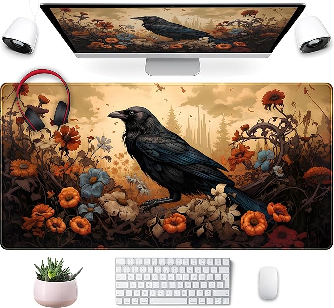 Anime Crow Kawaii Desk Mat Cute Retro Floral Mouse Pad Gaming Desk Pad XXL Large Desk Matt for Desktop Computer Mousepad, Laptop Keyboard Mouse Mat Office Decor Accessories for Women, 31.5x15.75 in