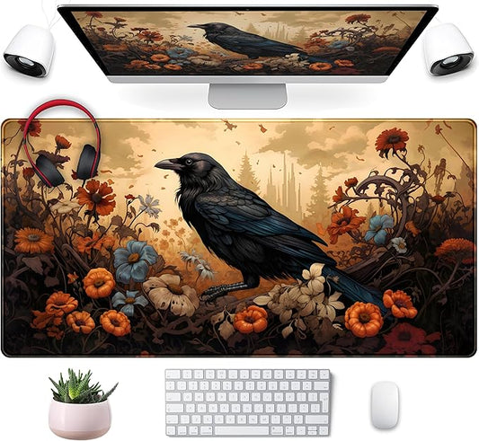 Anime Crow Kawaii Desk Mat Cute Retro Floral Mouse Pad Gaming Desk Pad XXL Large Desk Matt for Desktop Computer Mousepad, Laptop Keyboard Mouse Mat Office Decor Accessories for Women, 31.5x15.75 in