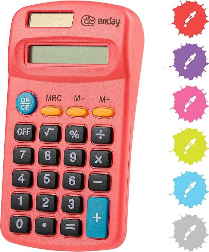 Calculator Red, Basic Small Solar and Battery Operated, Large Display Four Function, Auto Powered Handheld Calculator School and Kids Available in Green, Blue, Purple, Grey, Pink, 1 PK – by Enday