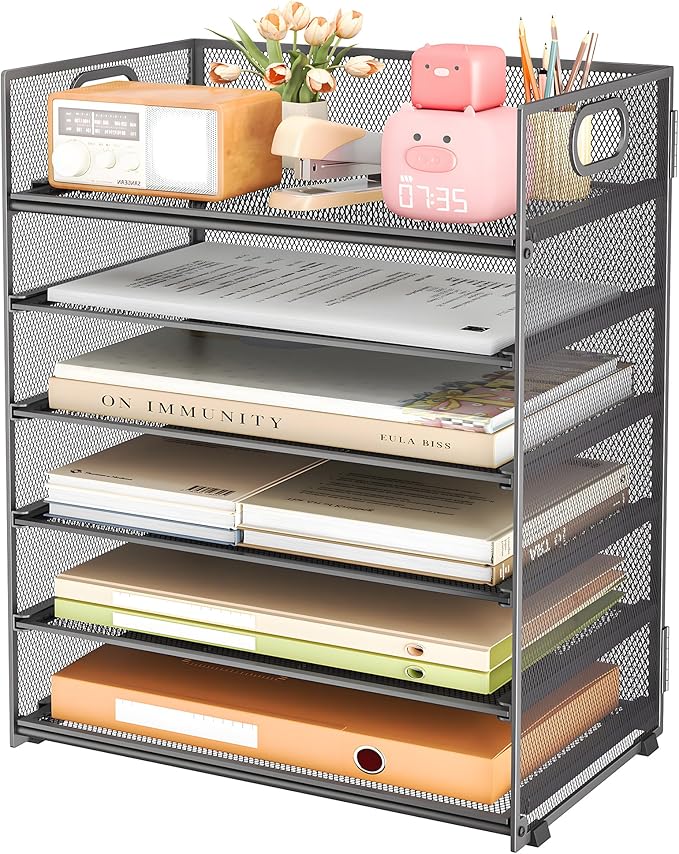 Subekyu 6 Tier Paper Organizer for Desk with Handle, Metal Mesh Desk Office File Folder Paper Letter Tray Accessories Organizer Sorter for Home, School, Office Desktop Document Organization - Gray