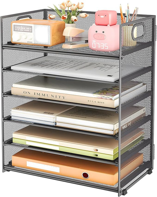 Subekyu 6 Tier Paper Organizer for Desk with Handle, Metal Mesh Desk Office File Folder Paper Letter Tray Accessories Organizer Sorter for Home, School, Office Desktop Document Organization - Gray