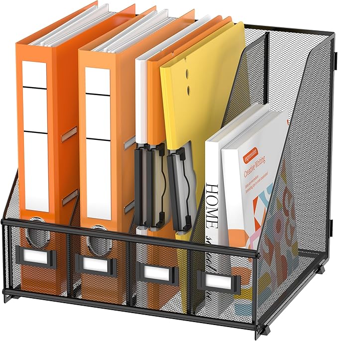DALTACK Desk Organizers Metal Magazine File Holder with 4 Vertical Compartments Folder Storage Binder Organizer for Office Home School Organization, Black