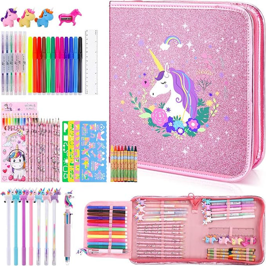 Fruit Scented Markers Set 56Pcs with Glitter Unicorn Pencil Case & Stationery,Art Supplies for Kids Ages 4-6-8, Art Coloring Kits Box,Gifts Toy for Girls Age 5,7,Pencil&Crayon Drawing Stuff