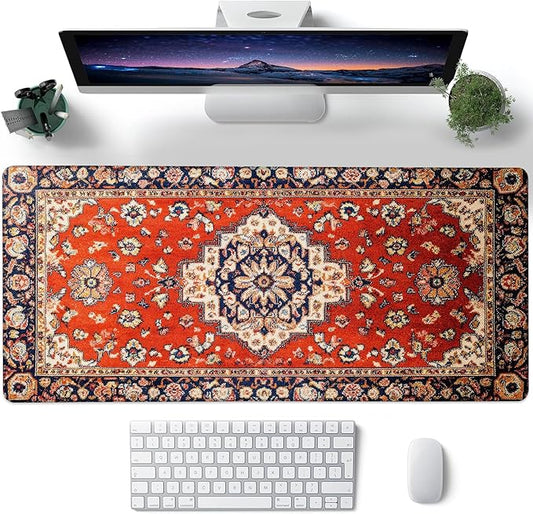 Desk Pad, Vintage Red Boho Rug XXL Gaming Mouse Pad with Stitched Edges,Non-Slip Waterproof Rubber Base Large Desk Mat for Keyboard and Mouse 35.4"x15.7"
